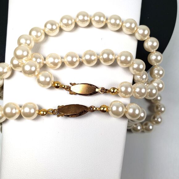 Vintage Knotted Faux Pearl Gold Tone Fish Hook Clasp 17"  Necklace & 7” Bracelet - Picture 13 of 16